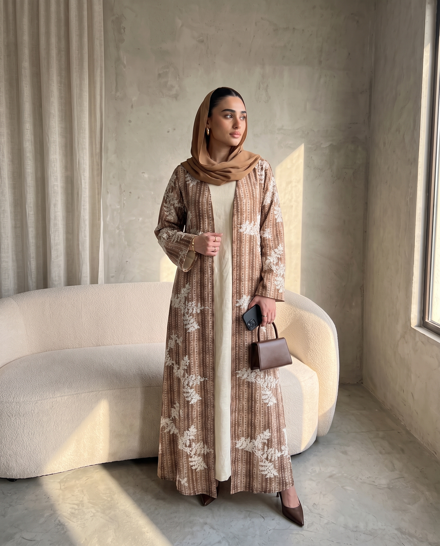 Floral Textured Abaya with Elegant Layered Design