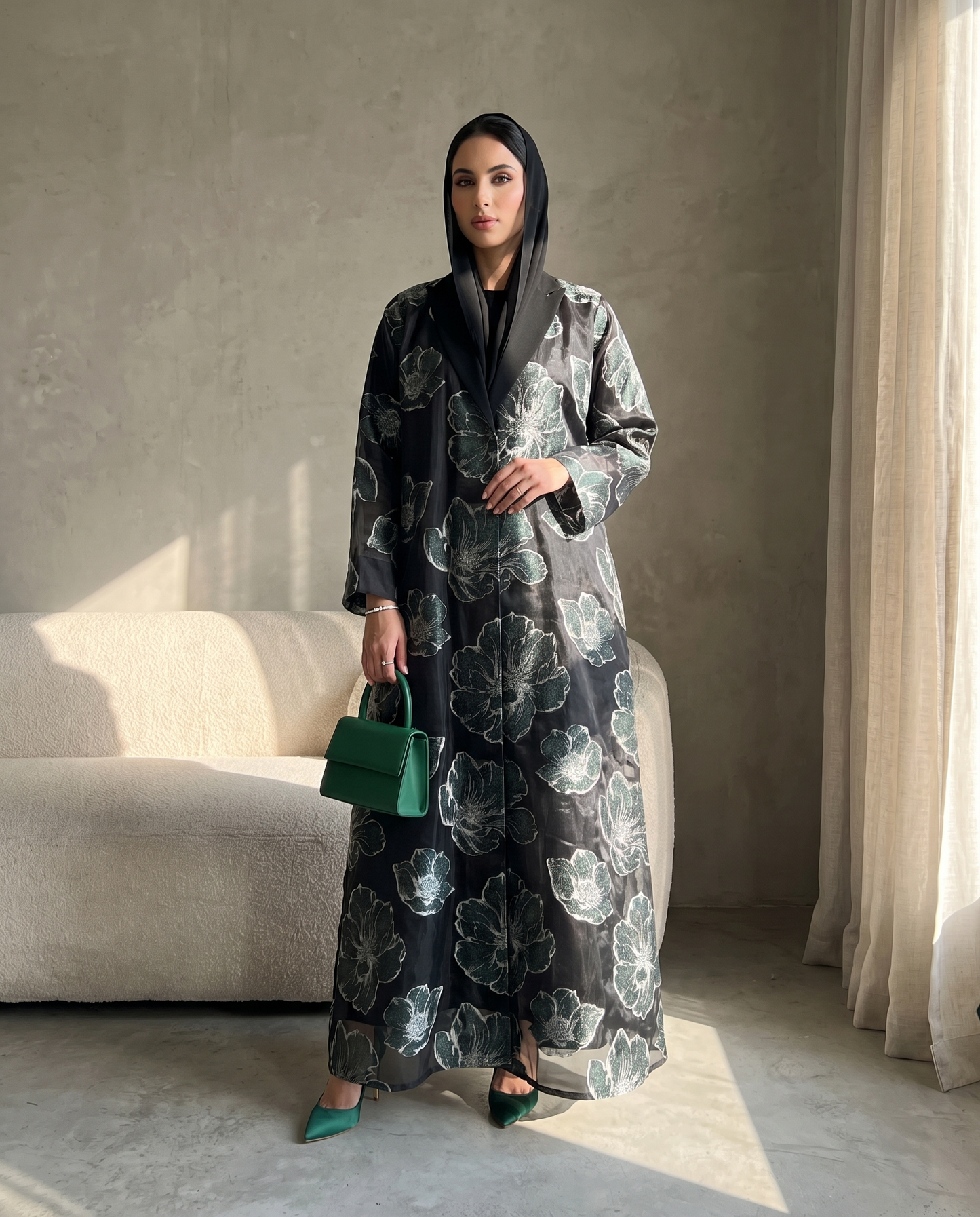 Floral Organza Open Abaya with Soft Tailored Collar