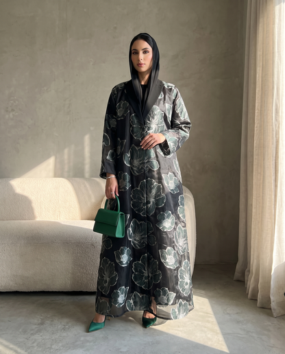 Floral Organza Open Abaya with Soft Tailored Collar