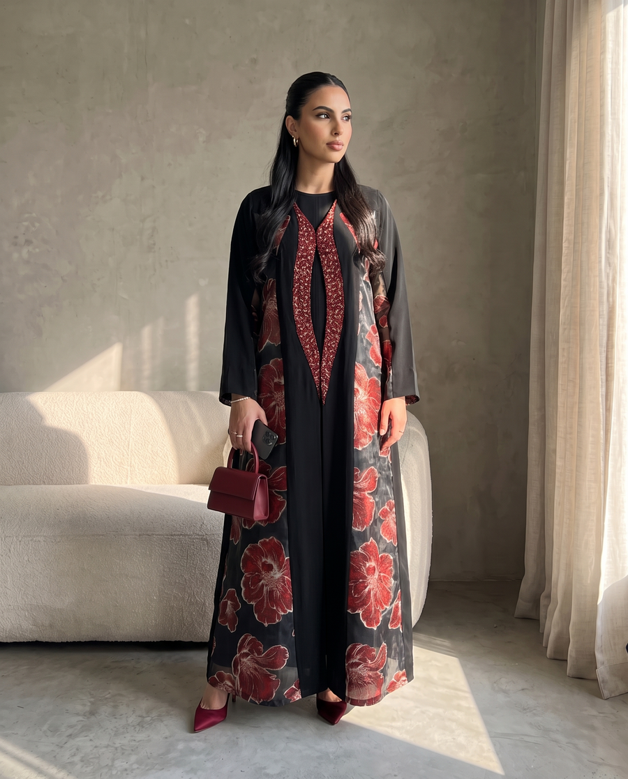 Floral Panel Abaya with Embellished Front Detailing