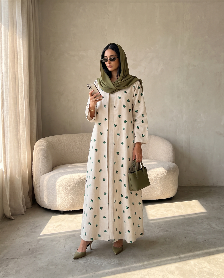 Minimal Leaf Print Linen Abaya