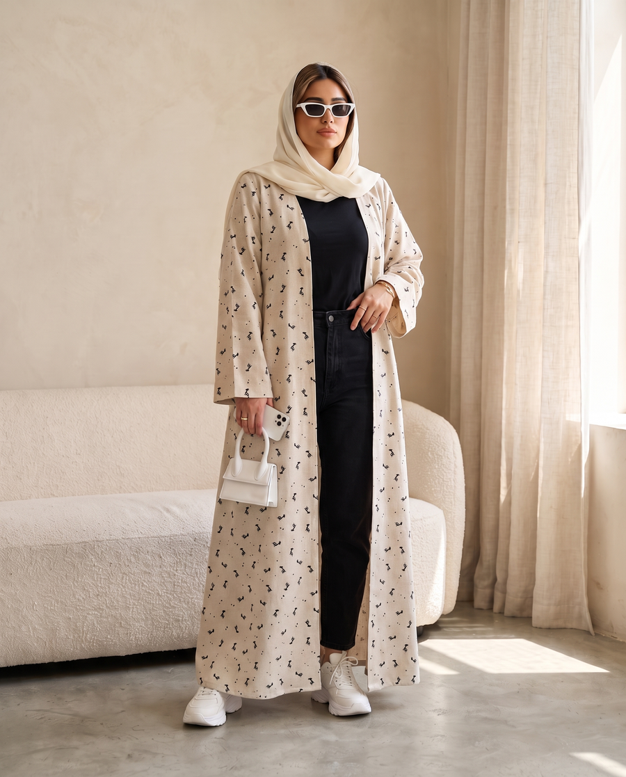 Minimal Printed Open Abaya with Contemporary Silhouette