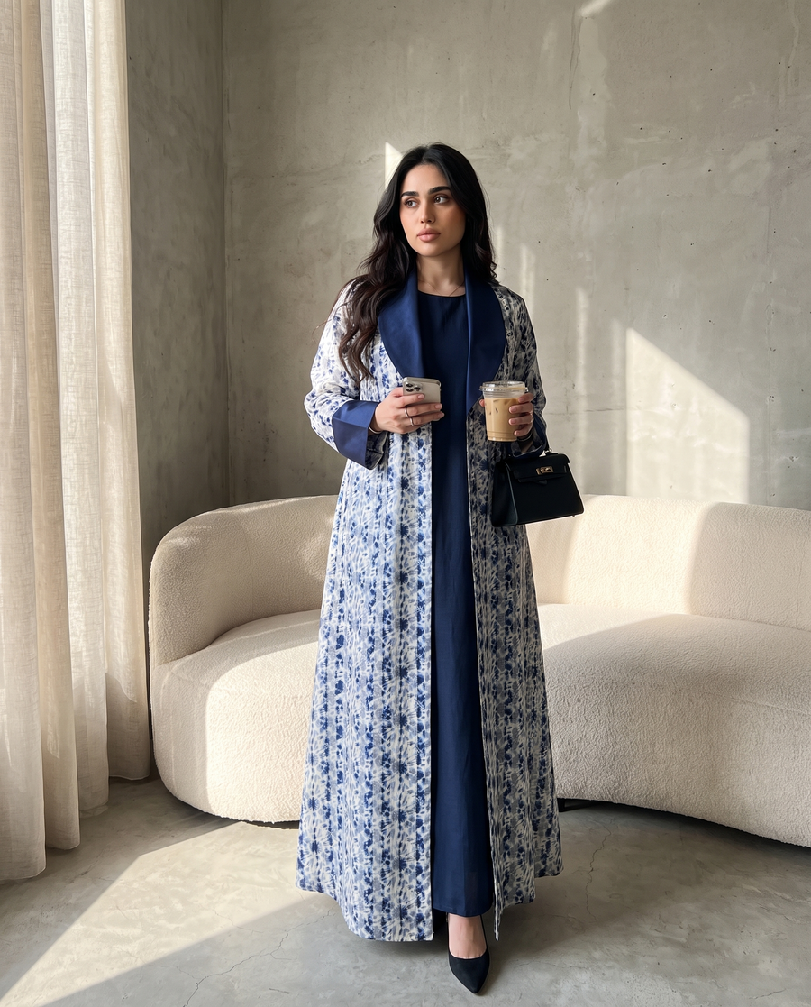 Blue Printed Shawl Collar Abaya with Contemporary Flow