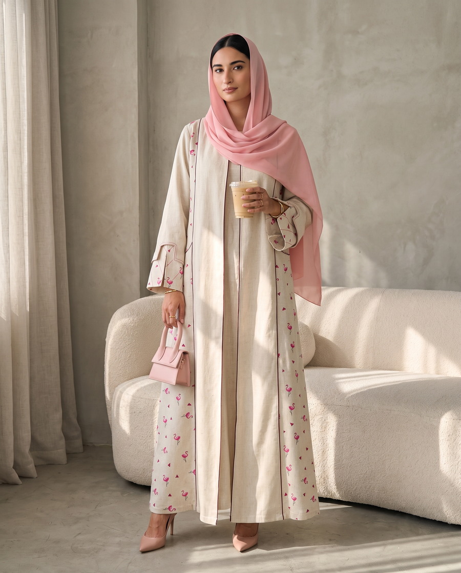Flamingo Accent Linen Abaya with Contrast Paneling