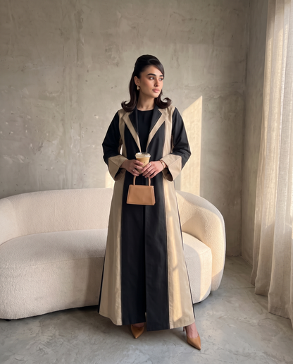Premium Dual-Tone Structured Elegance Abaya in Black & Beige