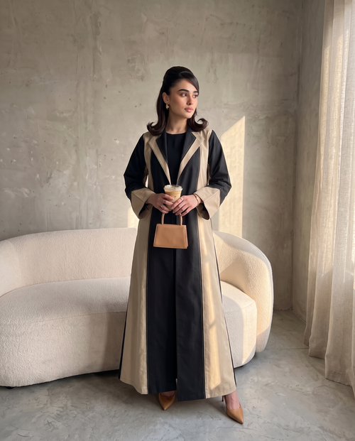 Premium Dual-Tone Structured Elegance Abaya in Black & Beige