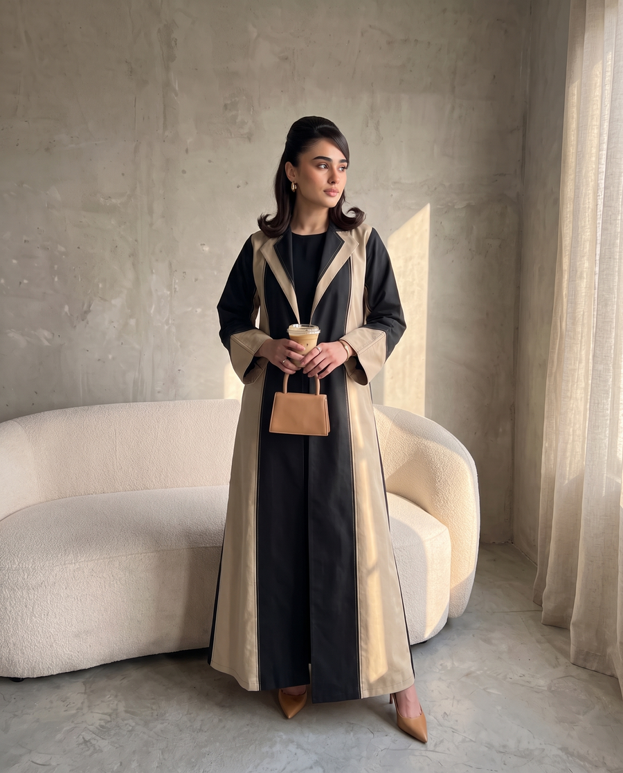 Premium Dual-Tone Structured Elegance Abaya in Black & Beige