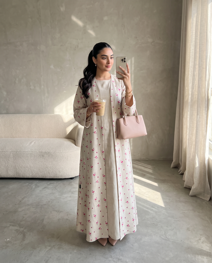 Flamingo Print Linen Style Abaya