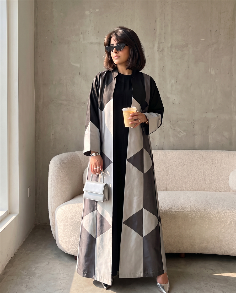 Geometric Color-Block Silver Abaya Taffeta