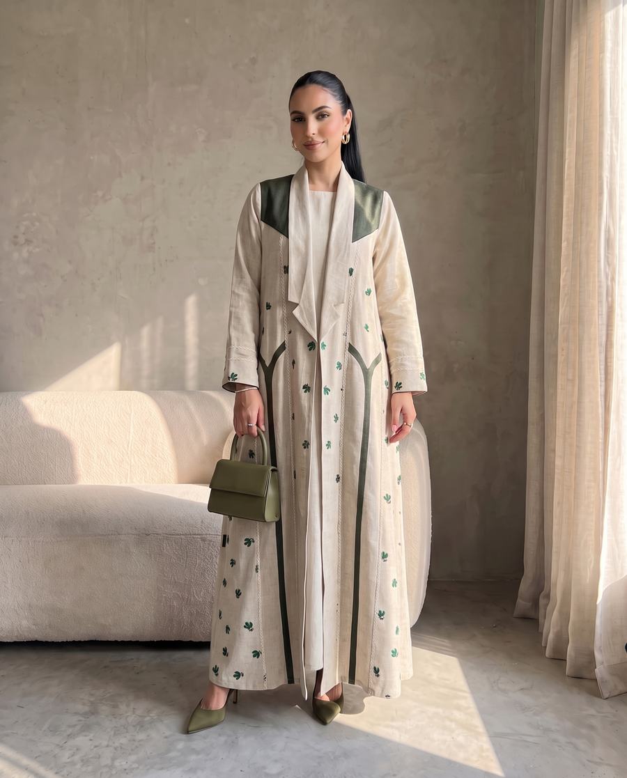 Embroidered Linen Abaya with Contrast Panel Detailing