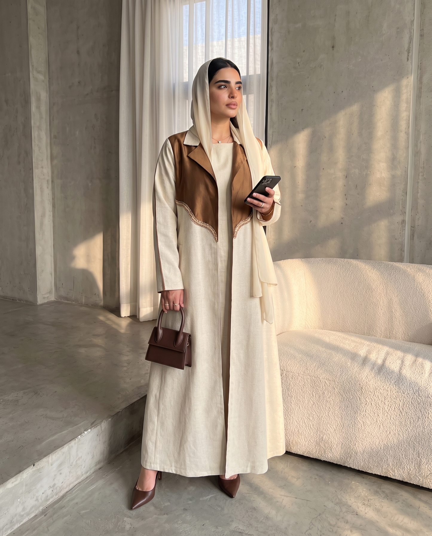 Contrast Lapel Linen Abaya with Elegant Embellished Detail