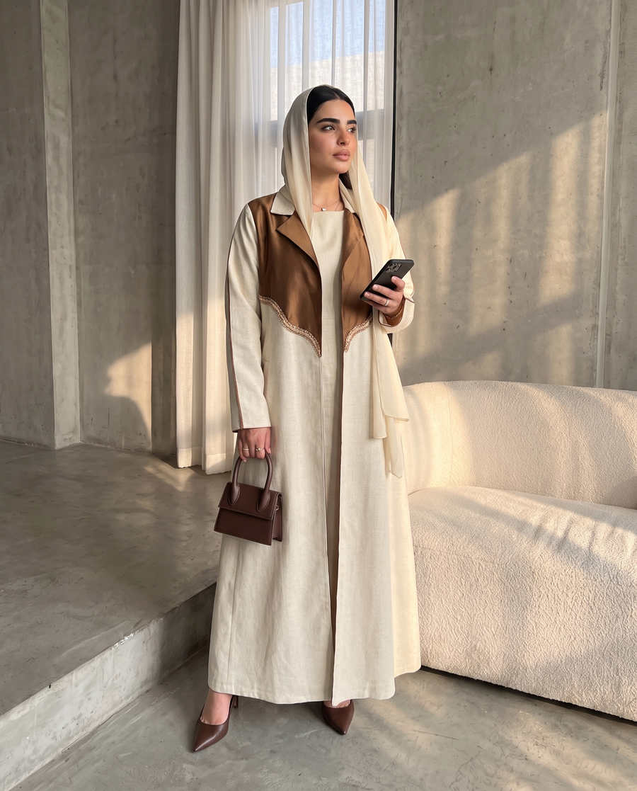 Contrast Lapel Linen Abaya with Elegant Embellished Detail
