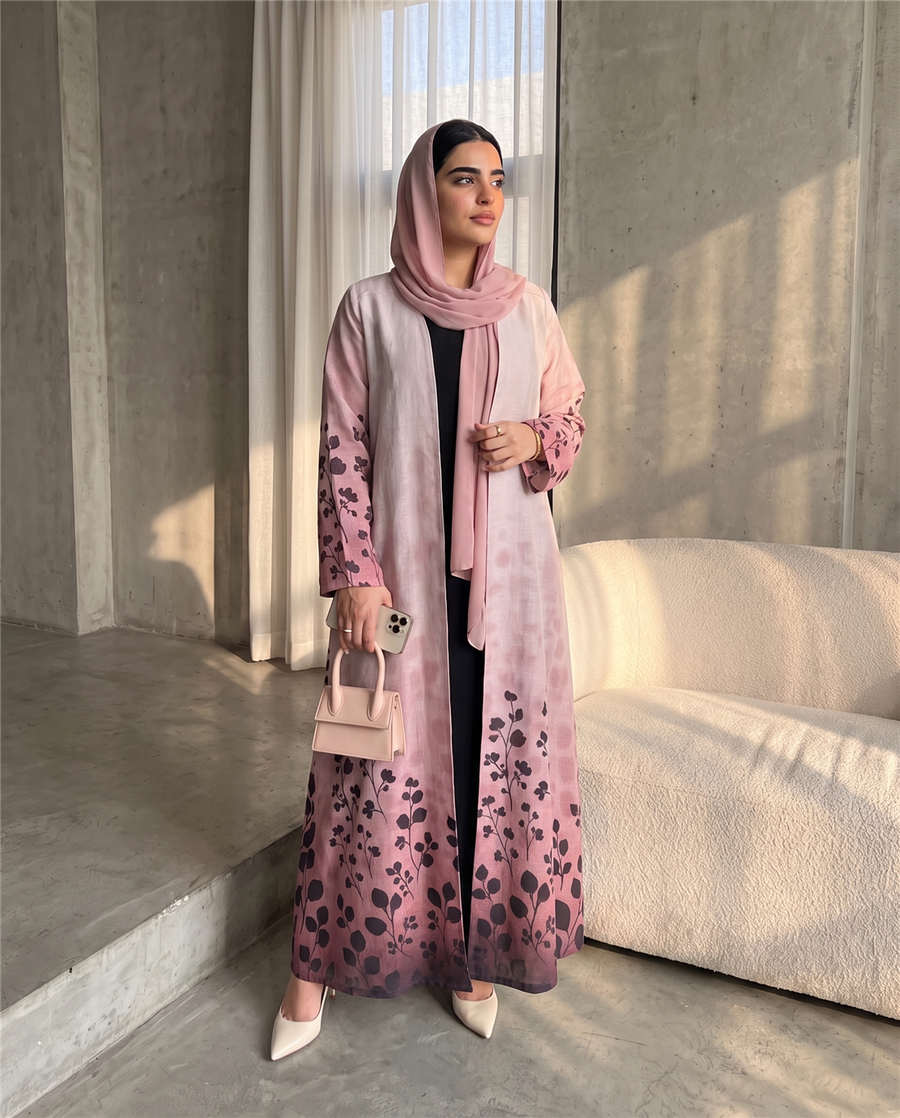Pink Botanical Print Open Abaya with Flowing Silhouette