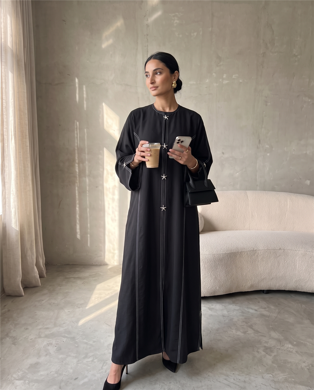 Stitch-Detail Black Abaya with Front Button Accents