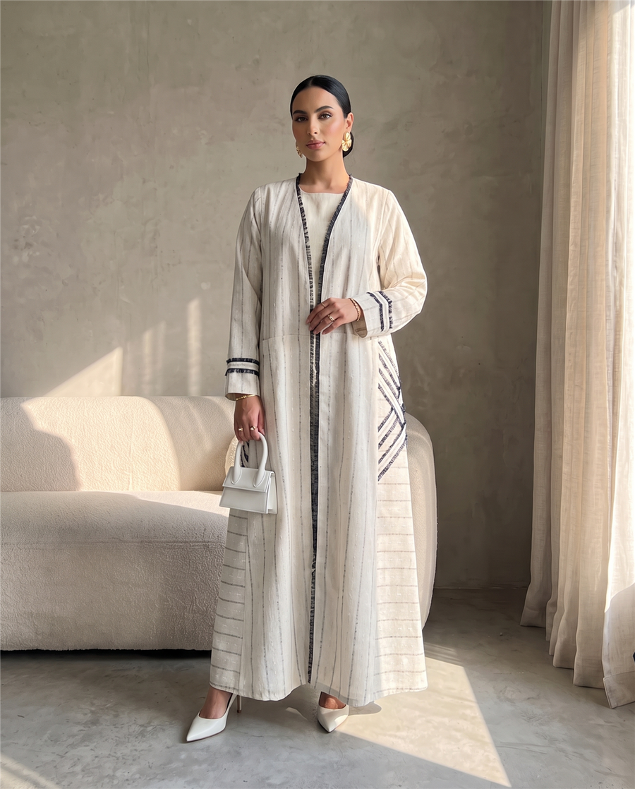Striped Linen Abaya with Contrast Trim Detailing