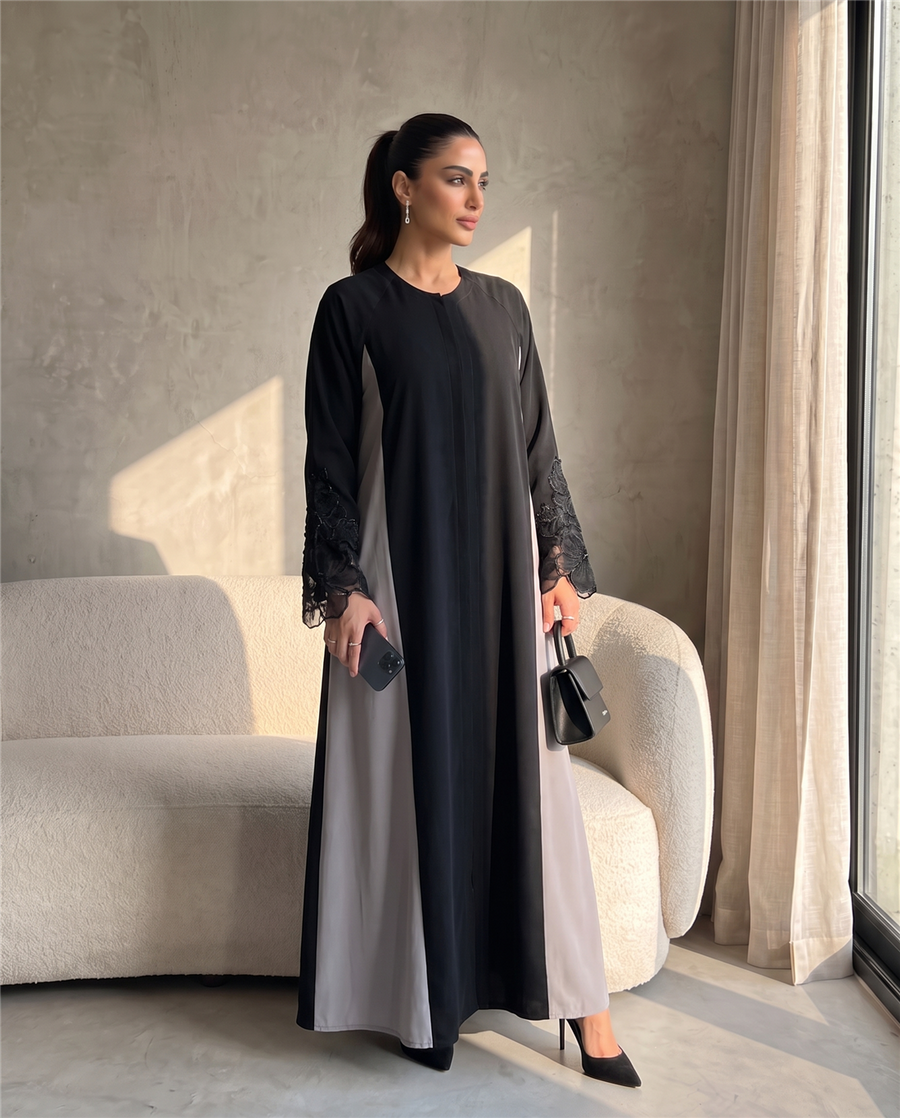 Two-Tone Black & Grey Abaya with Lace Sleeve Detailing