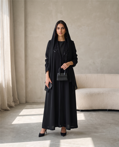 Tailored Open Abaya with Beaded Embroidery and Structured Collar