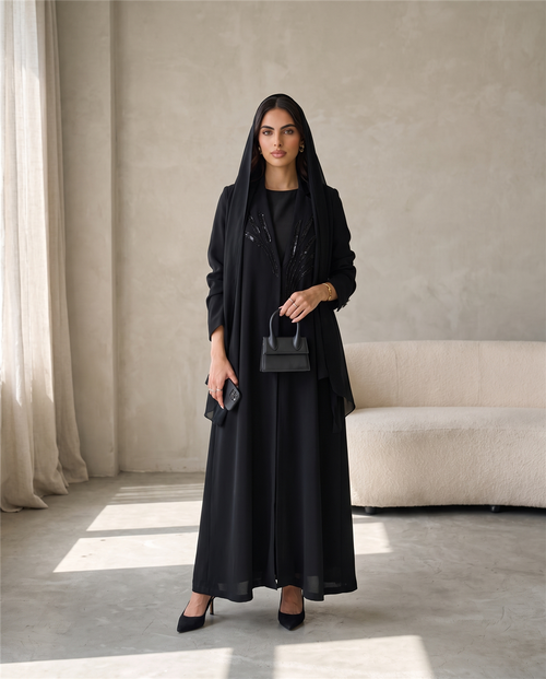 Tailored Open Abaya with Beaded Embroidery and Structured Collar