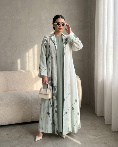 Abstract Botanical Print Abaya with Elegant Open Front