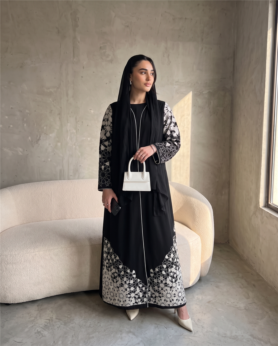 Geometric Lace Detail Abaya with Contrast Sleeve Design