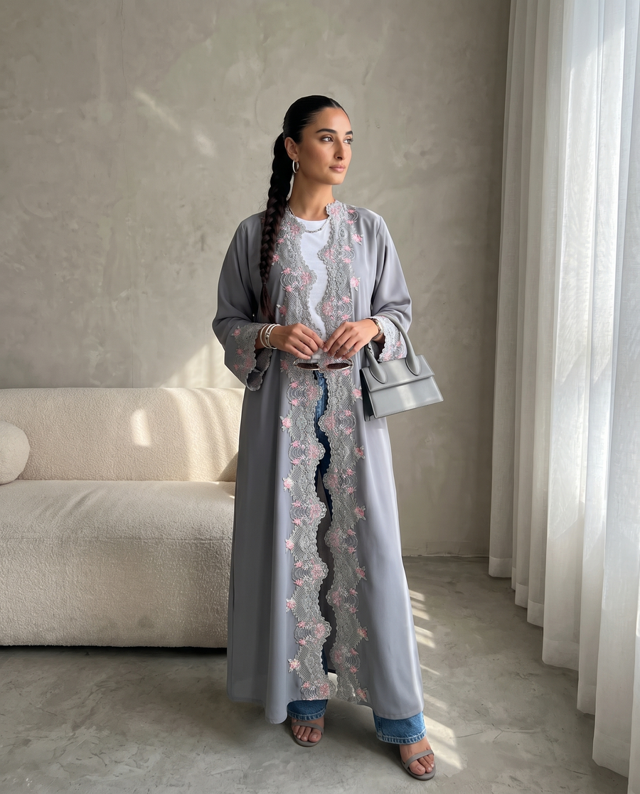 Silver Blossom Lace Abaya