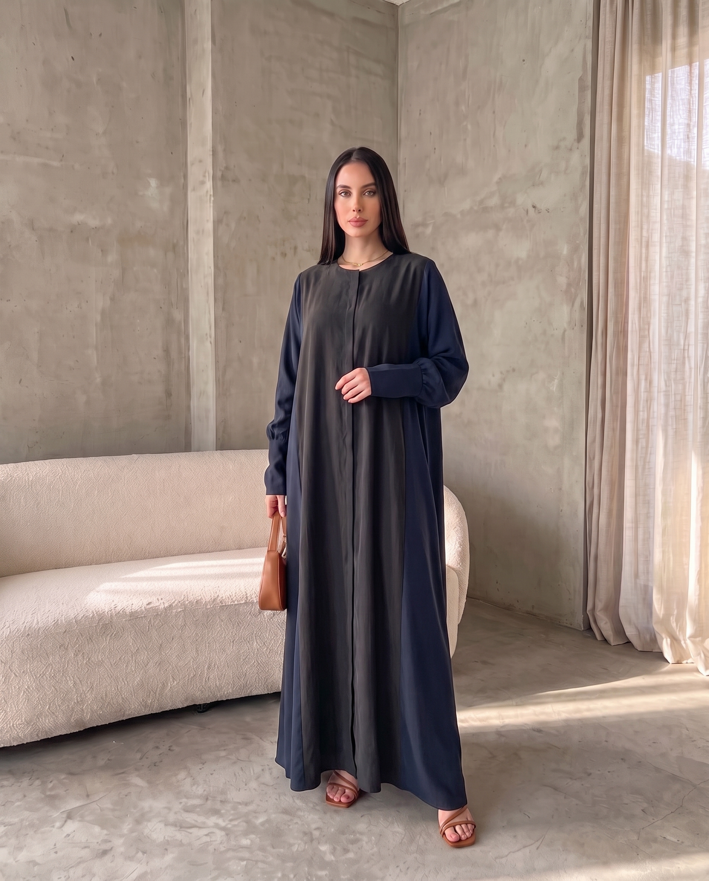 Minimal Hooded Open Abaya with Fluid Drape Dark Navy and Relaxed Silhouette