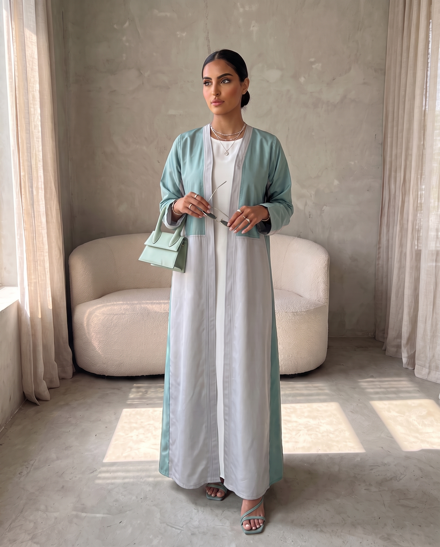 Two-Tone Satin Abaya with Contrasting Panel Design in Mint & Silver