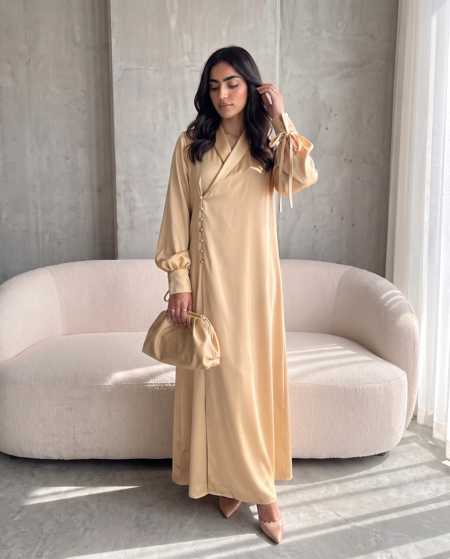 Premium Satin Wrap Yellow Abaya with Side Buttons