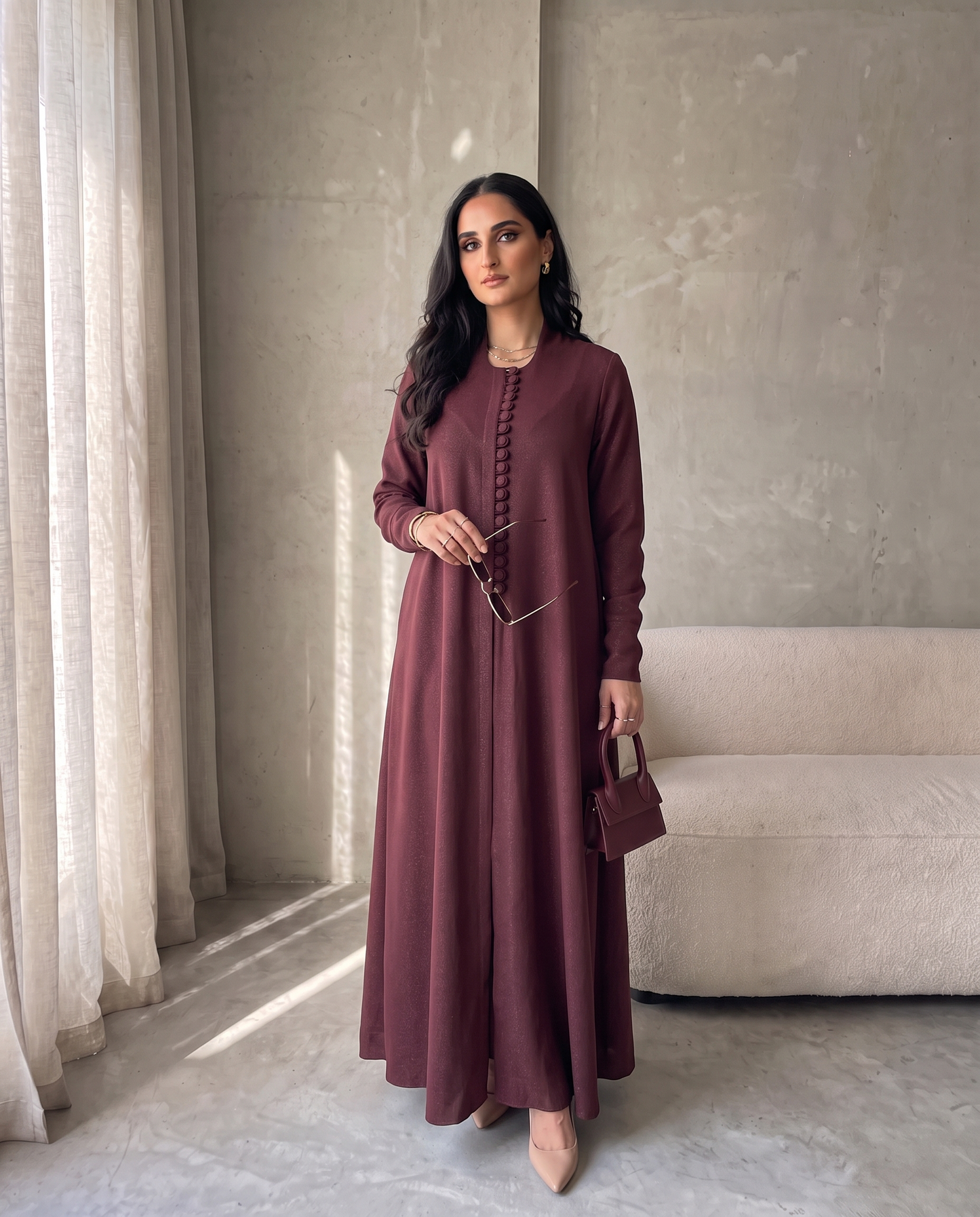 Pearl Button-Front Red Abaya with Elegant Panel Design
