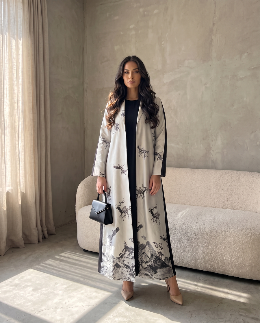 Premium Illustration Open Abaya with Nature-Inspired Print