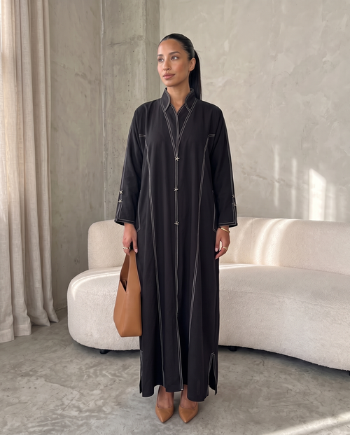 Stitch-Detail Black Abaya with Front Button Accents