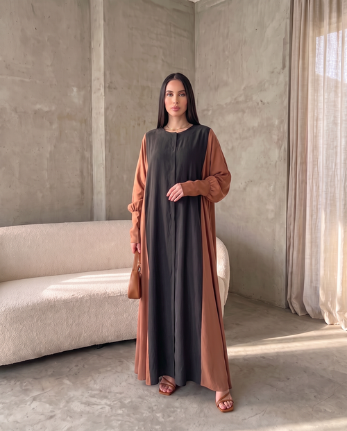 Minimal Hooded Open Abaya with Fluid Drape Terracotta and Relaxed Silhouette