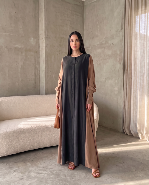 Minimal Hooded Open Abaya with Fluid Drape Desert Brown and Relaxed Silhouette