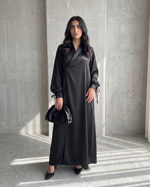 Premium Satin Wrap Black Abaya with Side Buttons