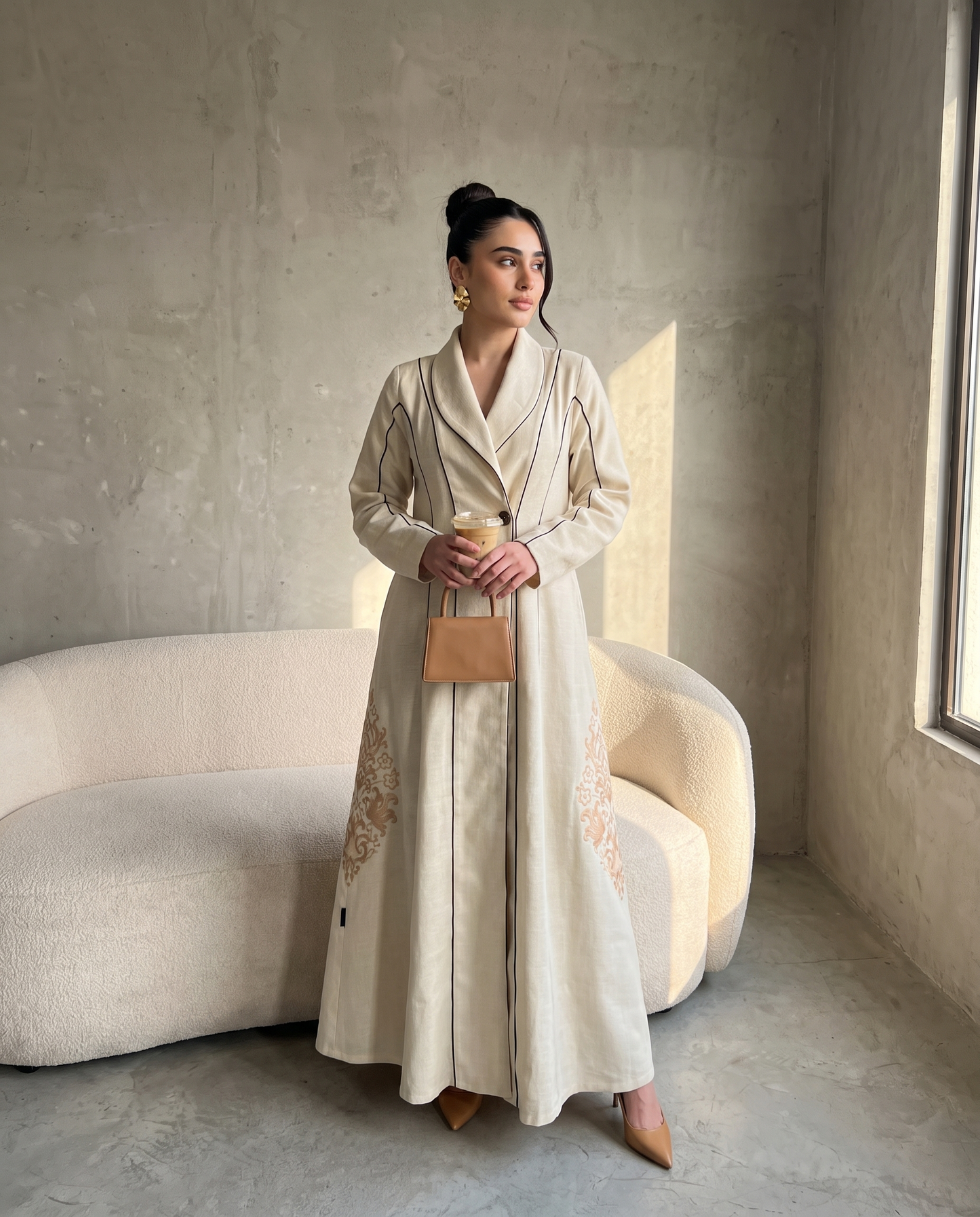 Tailored Embroidered Abaya with Structured Shawl Collar