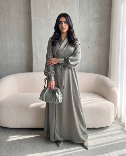Premium Satin Wrap Gray Abaya with Side Buttons