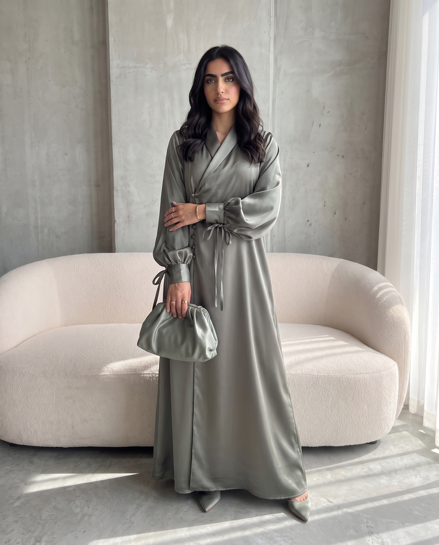 Premium Satin Wrap Gray Abaya with Side Buttons
