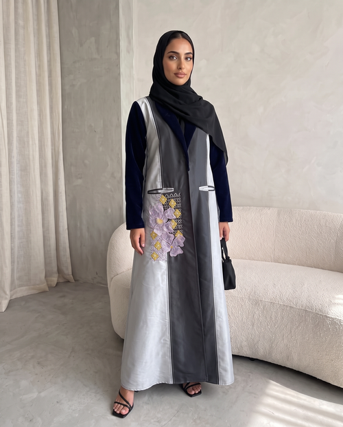 Silver Noir Panel Abaya with 3D Floral Appliqué & Velvet Details