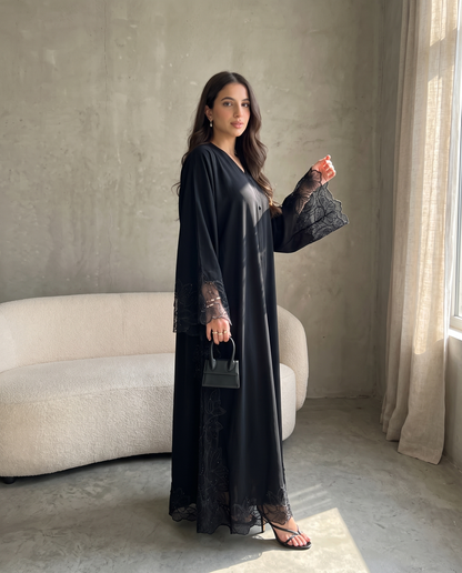 Premium Hand-Embroidered Lace Sleeve Abaya