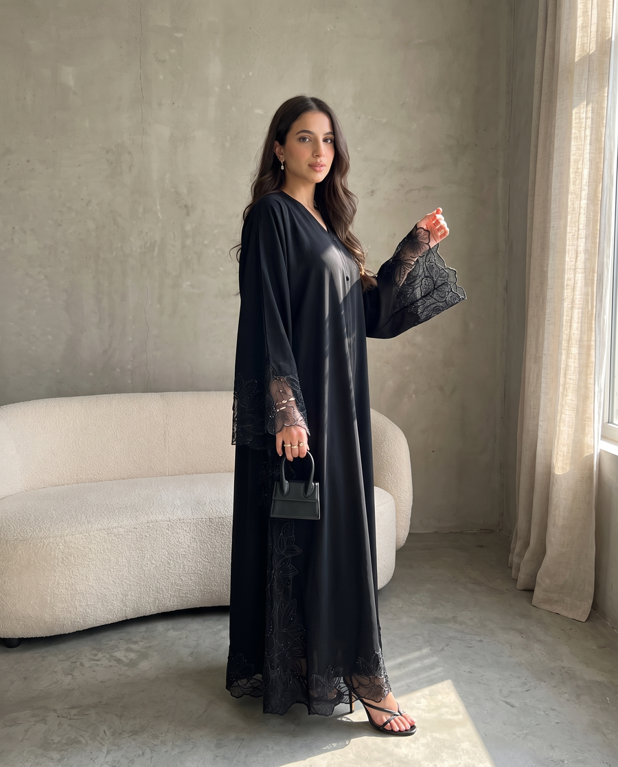 Premium Hand Embroidered Lace Sleeve Abaya