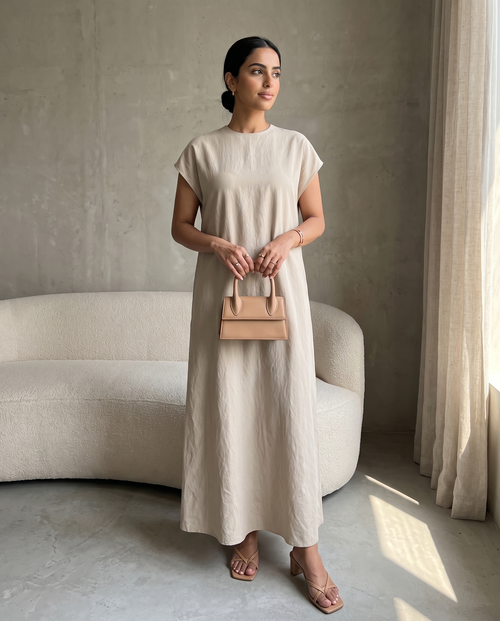 Beige Minimalist Cap Sleeve Inner Dress