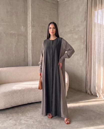Minimal Hooded Open Abaya with Fluid Drape Grey and Relaxed Silhouette