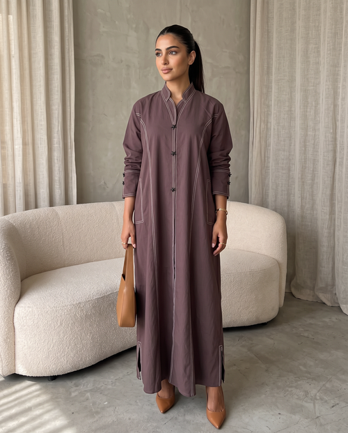Stitch-Detail Brown Abaya with Front Button Accents