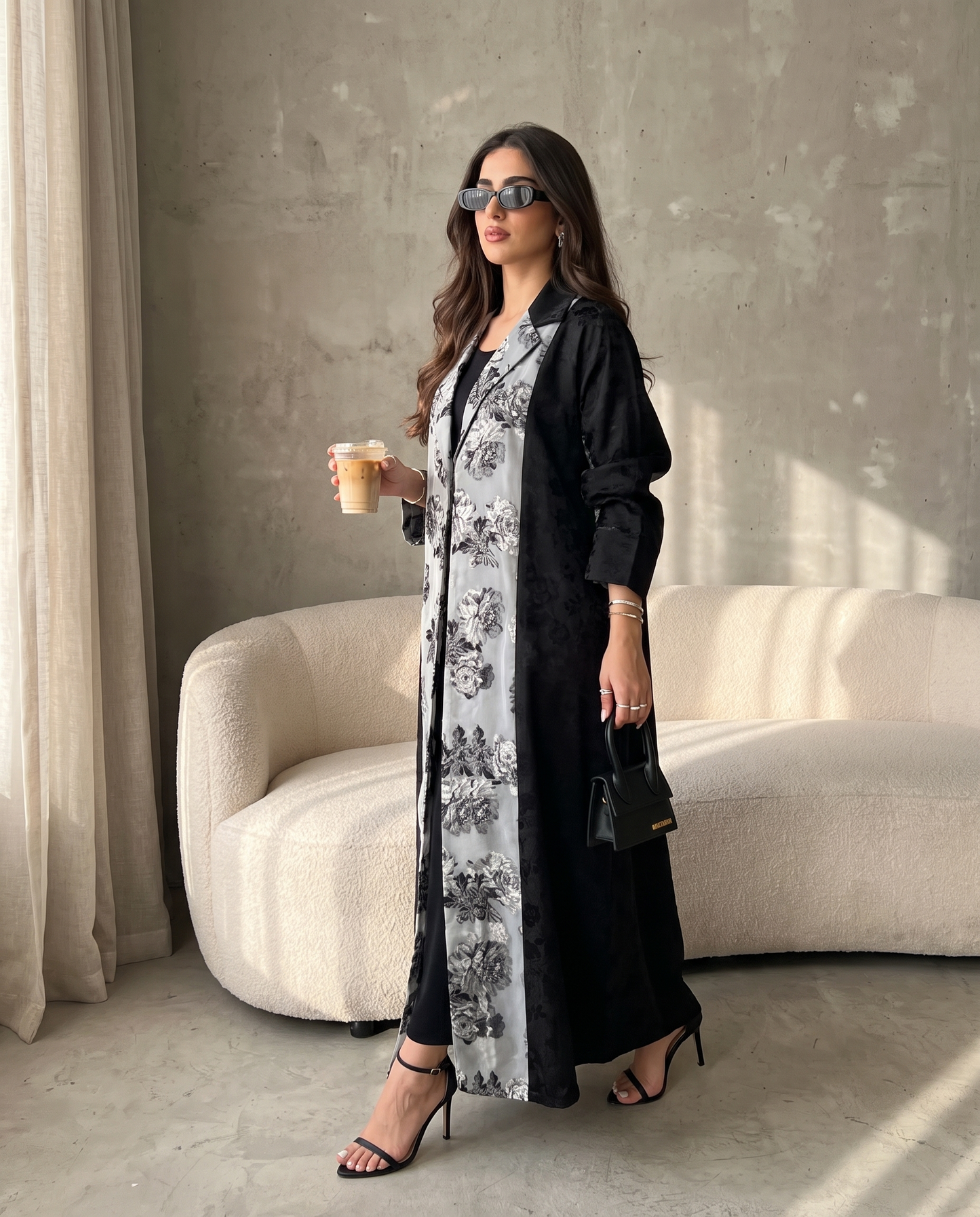 Floral Contrast Panel Abaya with Tailored Lapel Design