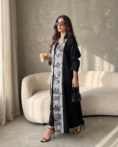 Floral Contrast Panel Abaya with Tailored Lapel Design