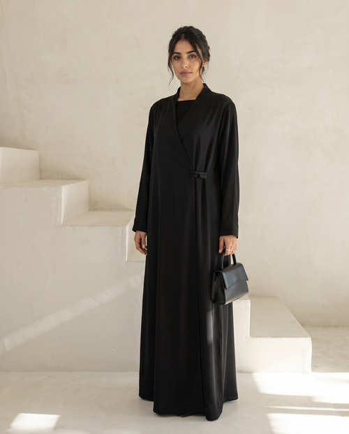Modern Wrap-Style Black Abaya with Soft Flow