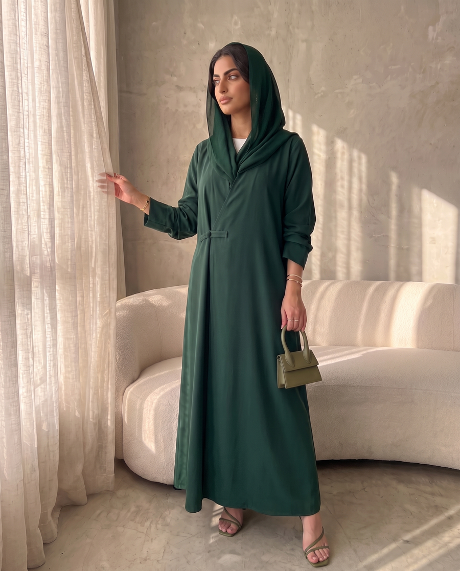 Modern Wrap-Style Green Abaya with Soft Flow