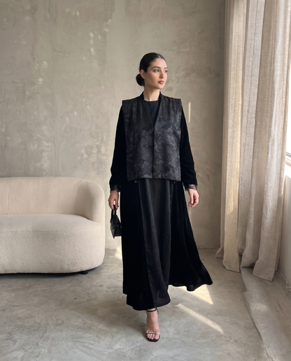 Black Velvet & Brocade Layered Abaya with Textured Patterned Vest Overlay