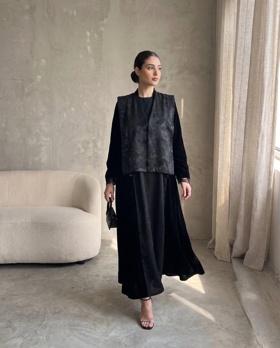 Black Velvet & Brocade Layered Abaya with Textured Patterned Vest Overlay