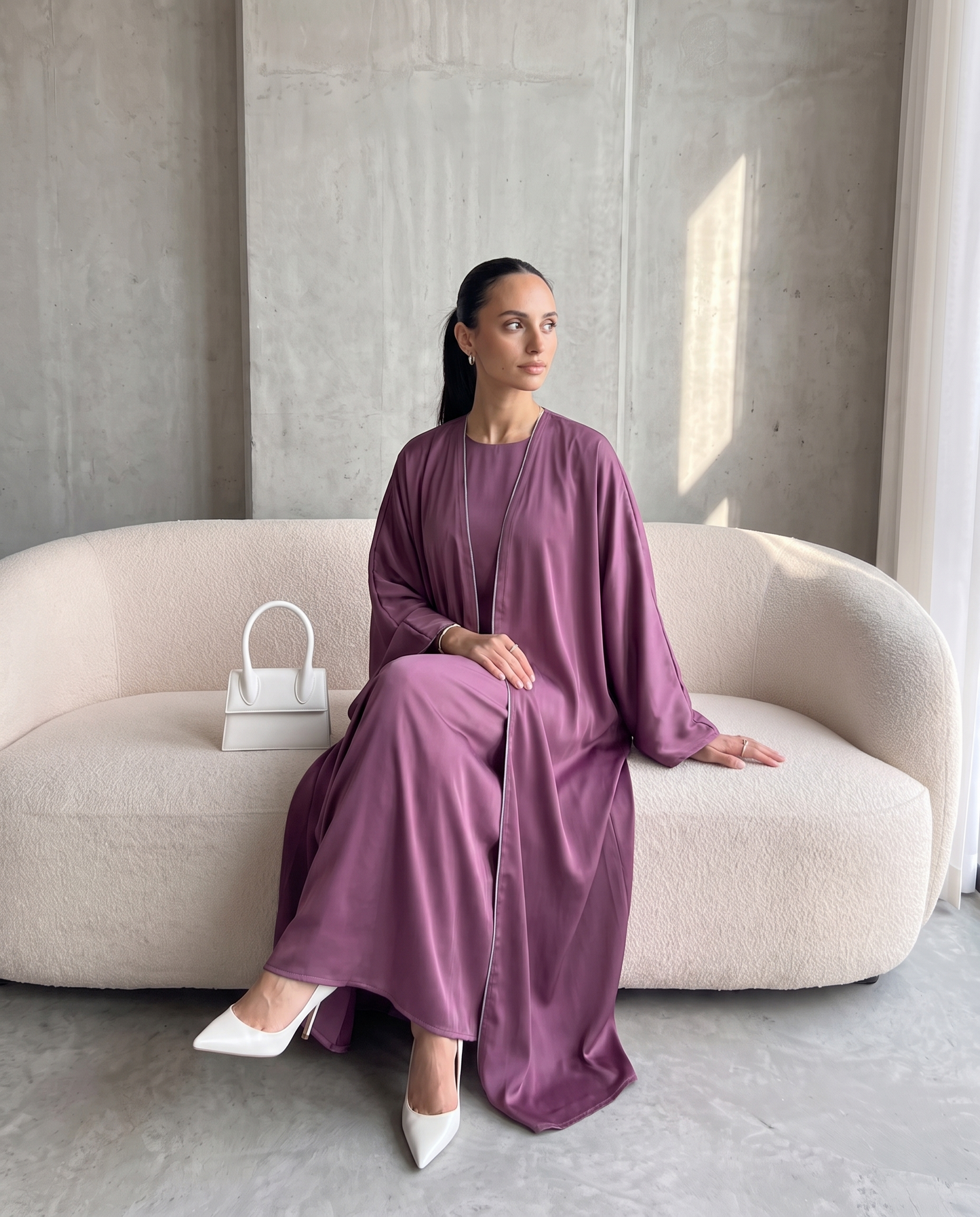 Elegant Purple Open Abaya Set Vertical Detailing With Matching Inner Dress